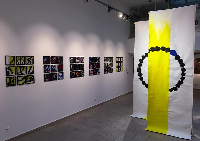 coexistance-2021-in-situ-installation-credo-bonum-gallery-sofia-ink-acrylic-canvas-cardboard-72-paintings-6-morphic-canvases