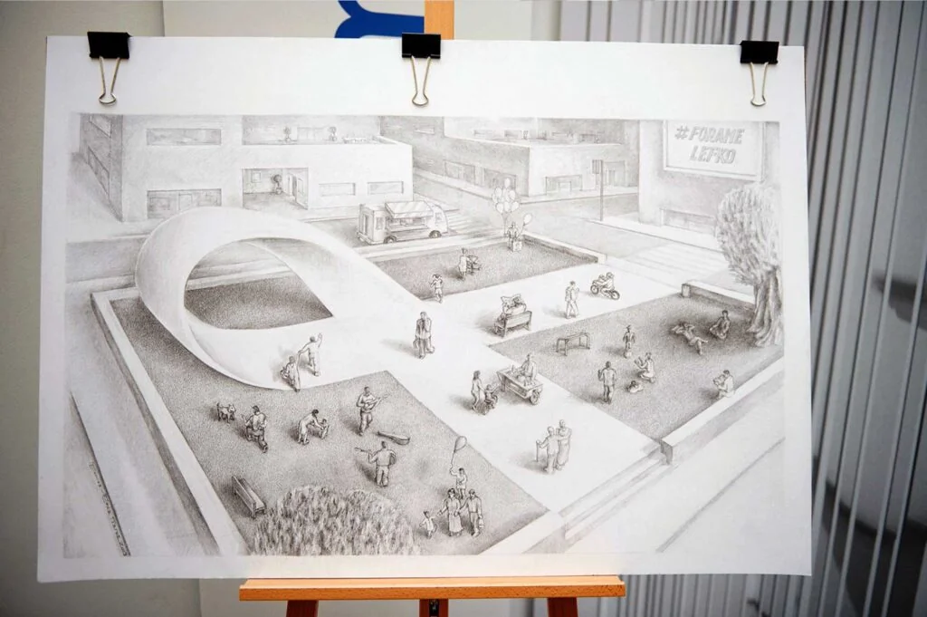 Eutopia, pencil drawing made live at the Museum of Cycladic Art, 2019