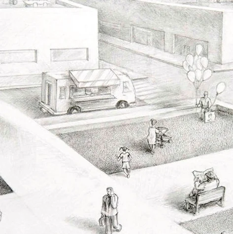 Detail of the Eutopia drawing with figures in a park, 2019