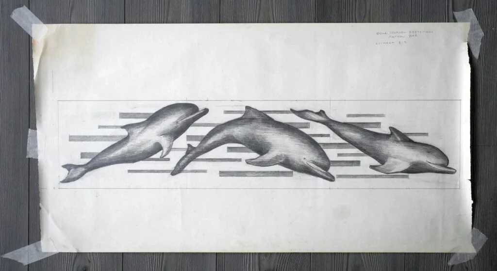 Final drawing at 1:5 scale for the marble dolphin relief, Kouros Art Hotel, 2016