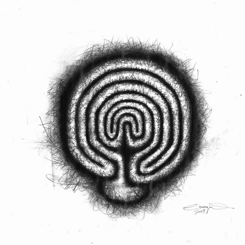 Pencil illustration of a labyrinth for The Nameless King, 2019