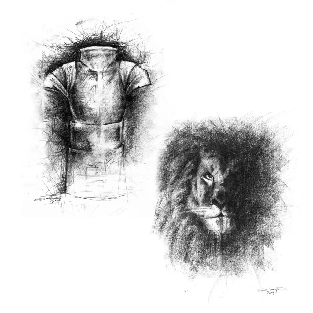 Pencil illustrations of an armour and a lion for The Nameless King, extended edition, 2019