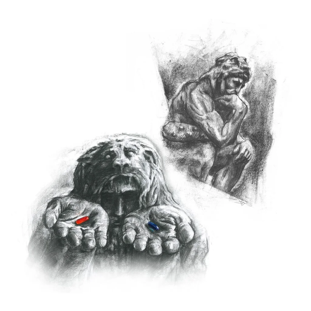 Pencil illustration of a lion offering two pills, with a thinker figure, for The Nameless King, 2019
