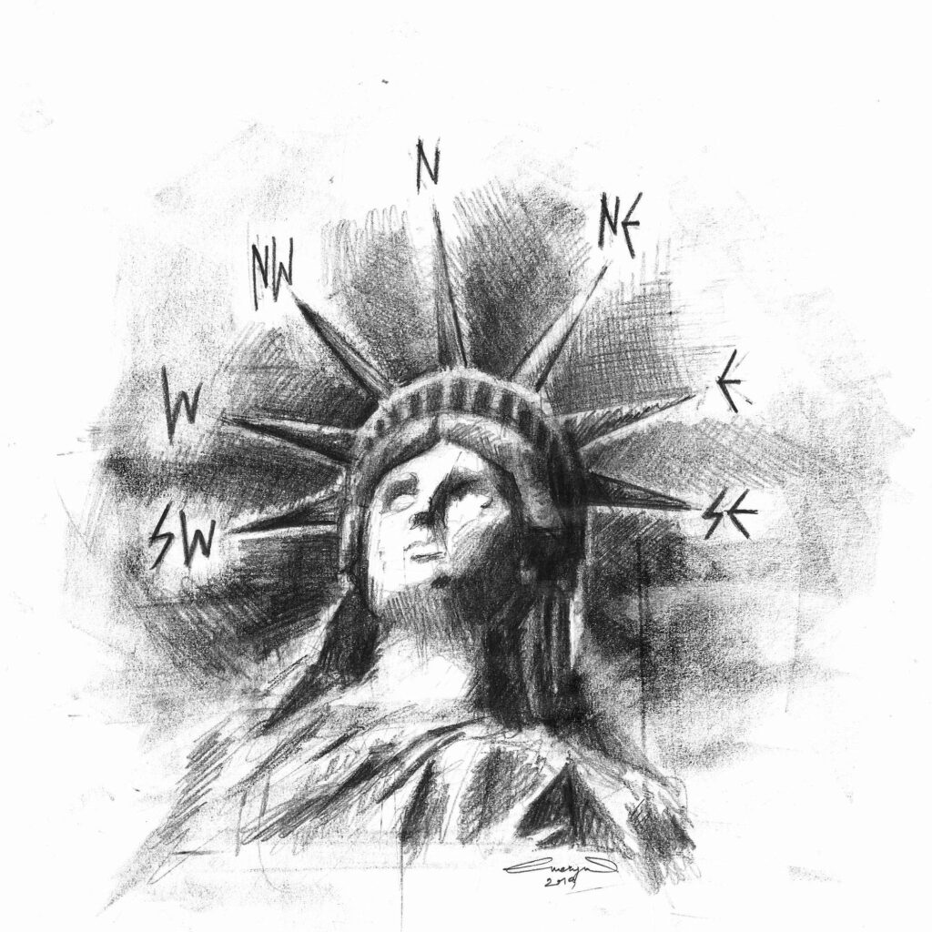 Pencil illustration of the Statue of Liberty as a compass for The Nameless King, 2019