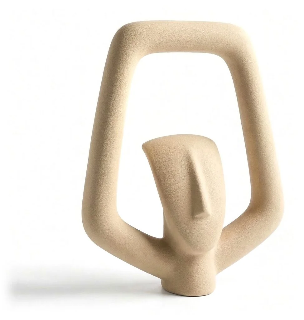 Weights of Art, section Minimal: stone-coloured kettlebell sculpture combining a Cycladic figurine head with the handle