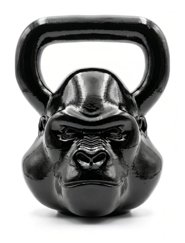 Weights of Art, section Animal: glossy black kettlebell sculpture with a gorilla head